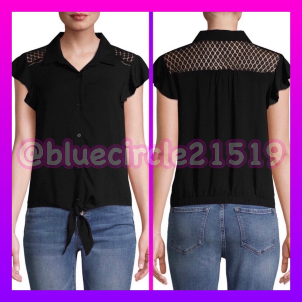 ⬇️ No Boundaries Top Black Button Down Tie Waist Lace Back
•Size Small 3/5